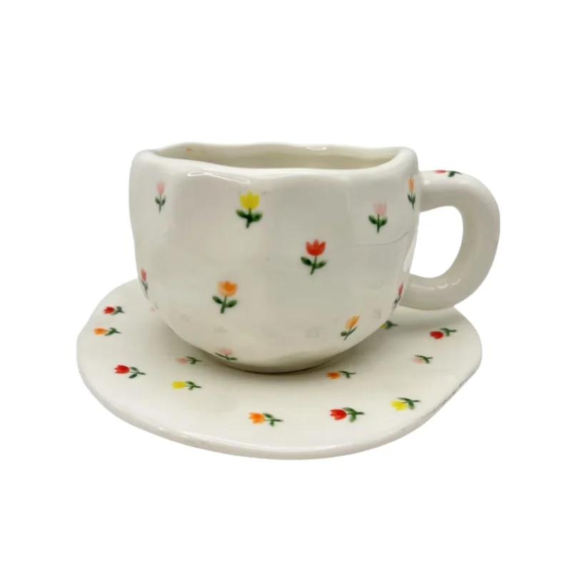 Hot Sale Manufacturer Hand-Painted Ceramic Cup Ceramic Coffee Cup Set Irregular Cup with Plate