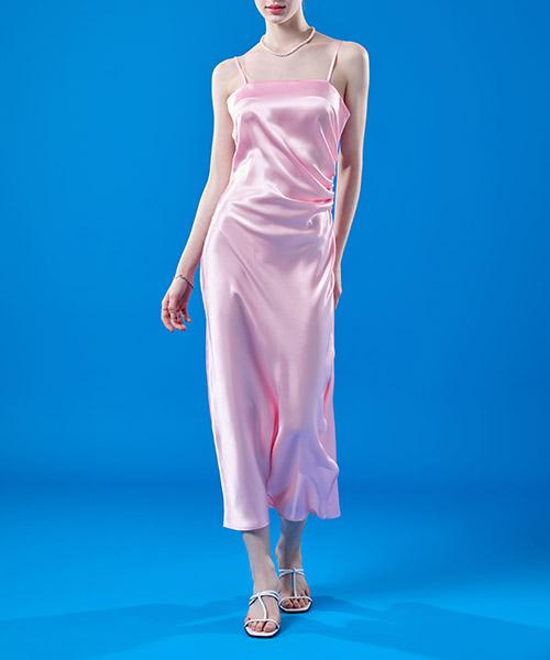 KOLEAT Summer Shirred Maxi Slim Silk Sleeveless Dress [Pink] Layered Dress Ver.