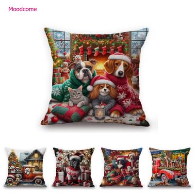 Lovely Cute Christmas Puppy Dog Home Decoration Cotton Linen Sofa Throw Pillow Case Xmas Chair Seat Cushion Cover
