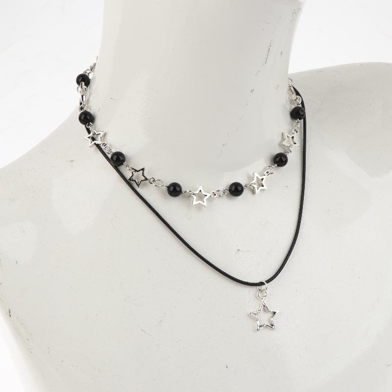 Dvouvrstvý černý korálkový hvězdicový choker náhrdelník Punk pentagram kožené šňůrky Náhrdelníky pro ženy dívky