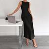 2026 Elegant Waist-Cinched A-Line Sleeveless Long Dress with V-Back In Solid Color