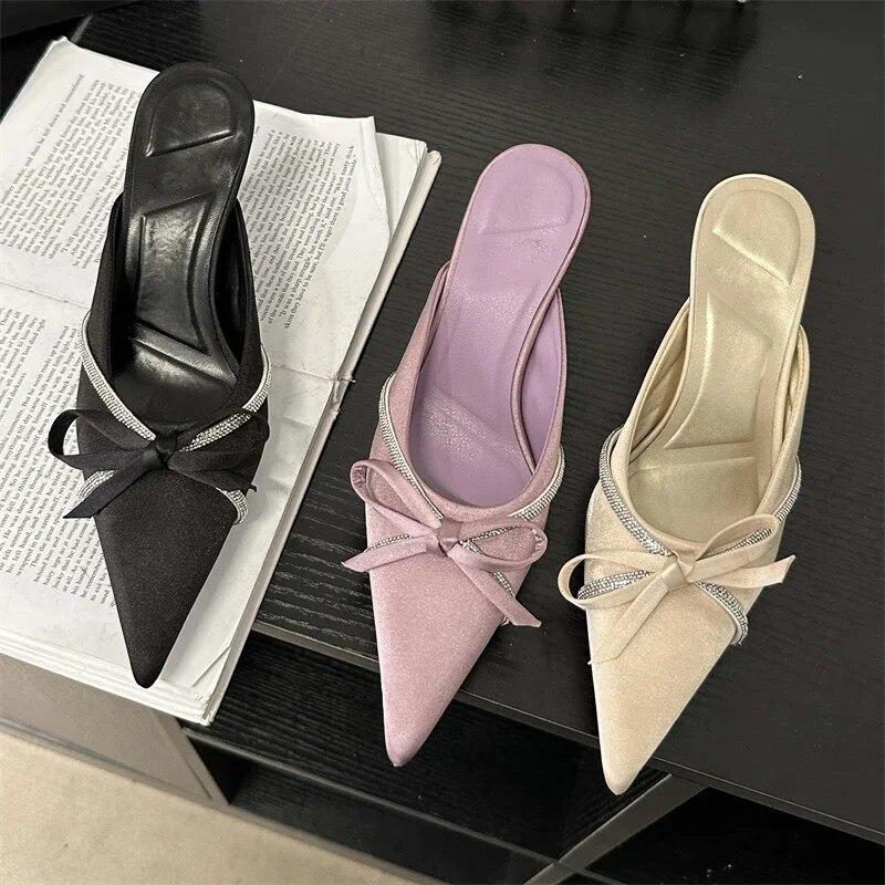 Eilyken Butterfly-knot Woman Slippers Pumps Design Style Low Heels Ladies Pointed Toe Shoes Mules Crystal Slides