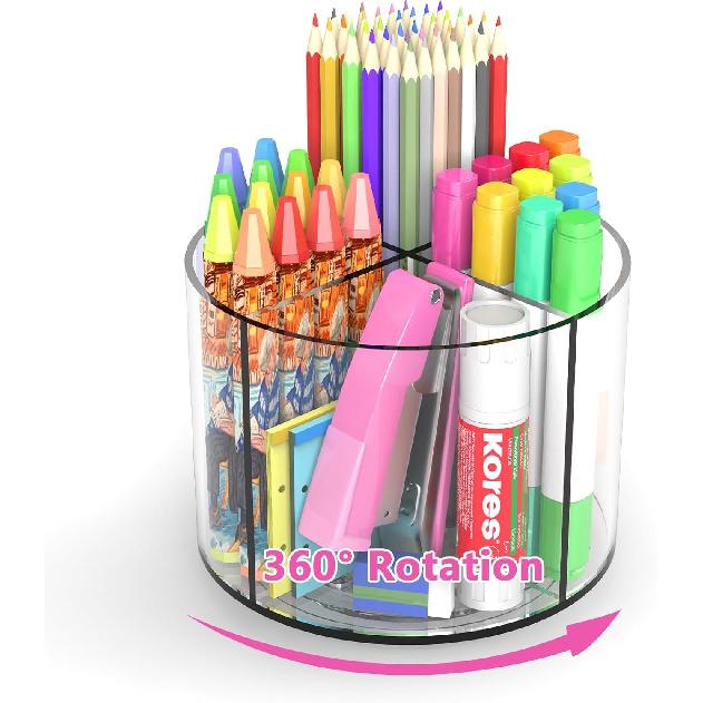 Acrylic Pen Holder for Desks, Acrylic Desk Organizer Clear, 360 Degree Pencil Holder for Desk Kids, Rotating Desk Organizer Rotating Pen Holder for Desk Organizer with no ha