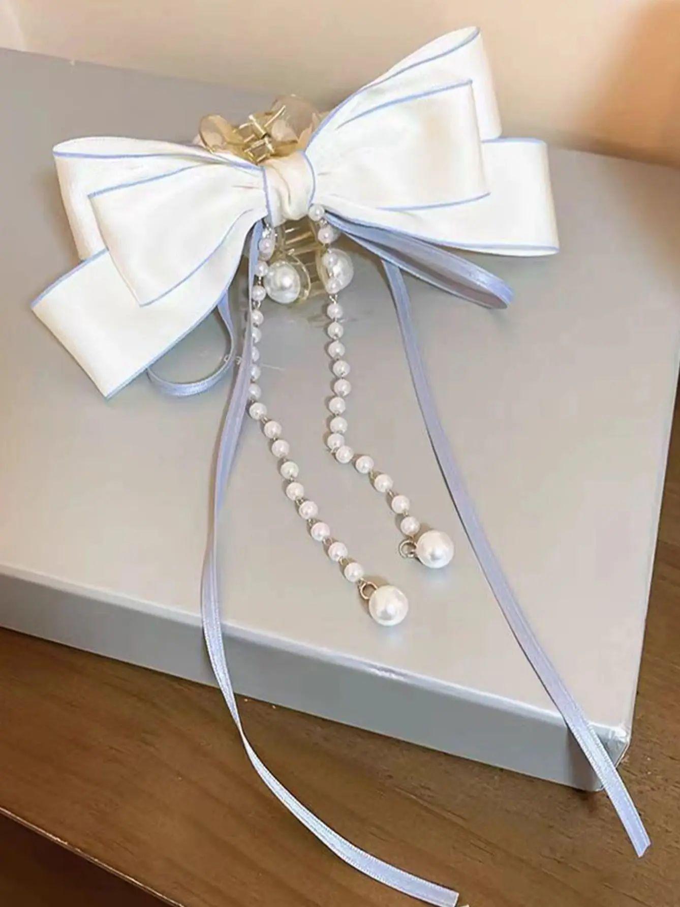 

1 шт. Модные милые заколки-крабы для волос с бантом, жемчужной кисточкой и цепочкой для женщин и девушек, аксессуары для волос для вечеринок