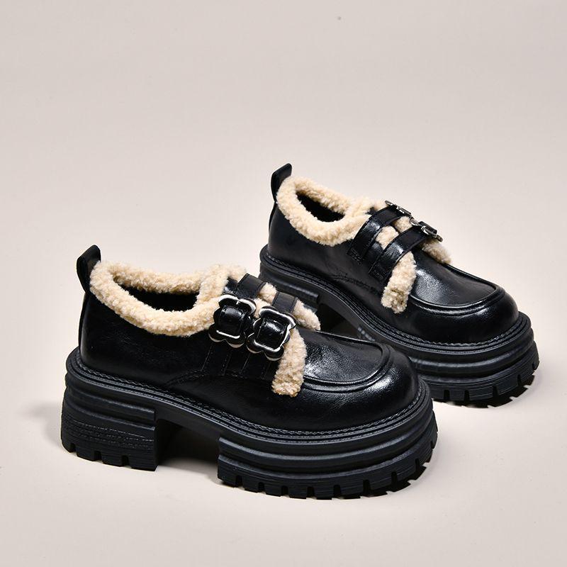 Damen Britischer Stil Fleecegefütterte Doppel-Schnallen Slipper - Dicksohlige, Vielseitige, Warme Lederschuhe