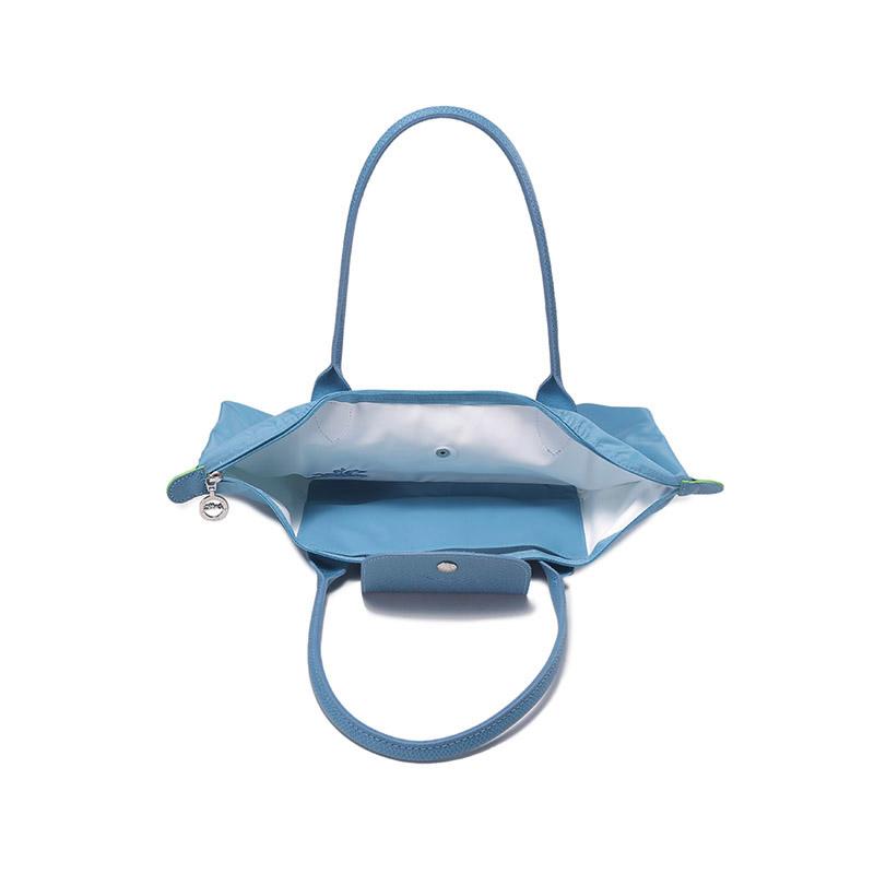 New LONGCHAMP Le Pliage Green Recycled Canvas With Leather Trim Dumpling Bag, One Shoulder Handbag Medium Size Women's Blue 2605919P58