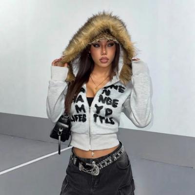 Y2K Cropped Hoodie With Faux Fur Trim Letter Print Streetwear Teens
