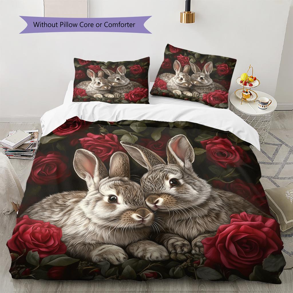 Kaninchen und Frische Blumen Muster Bettwäsche Heimdekoration Geburtstagsgeschenk (1 Bettbezug + 2 Kissenbezüge, ohne Füllung)