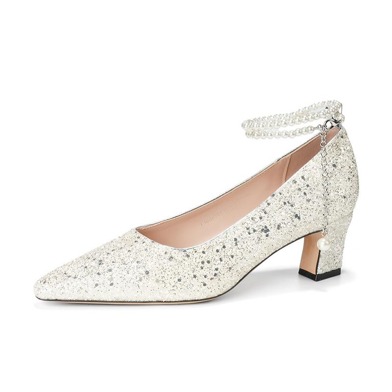 High Heels Women s Summer New Pearl One-word with High Heel Pumps Women s Thick Heels Light Mouth Sequined Cloth Wedding Shoes 40 3900₽
