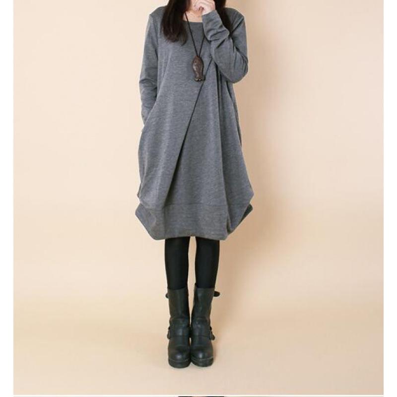 

2023 Fall/Winter Korean Style Women s Plus Size Loose Casual Pleated Round Neck Long Sleeve Dress M