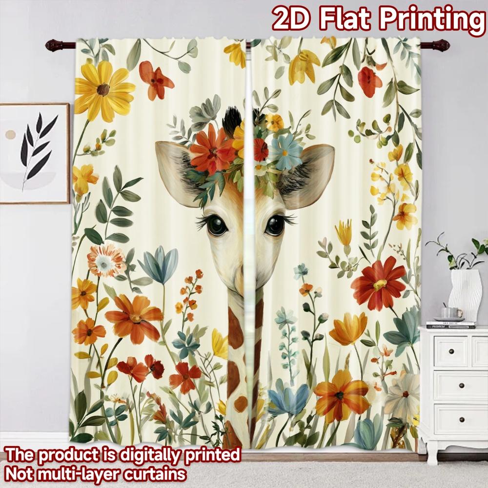 2D flat printing 2pcs Curtain Drapes Spring Giraffe Among Flowers Digital Printed Polyester Drapes All Season Party & Holiday