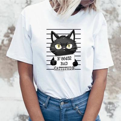 Camisetas de Gato Bad Cattitude Para Mujer Camiseta de Verano Femme Casual Manga Corta Cuello Redondo Tops Camisetas