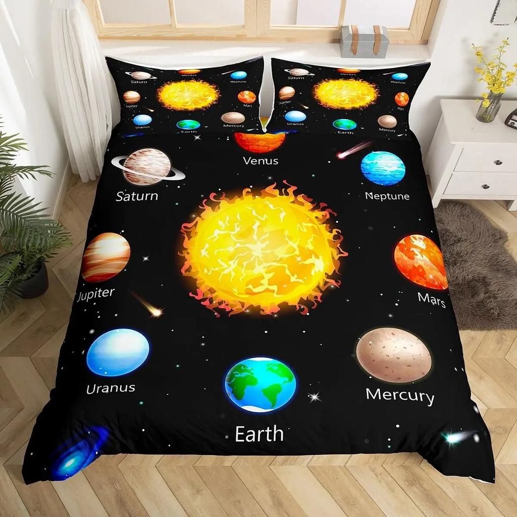 Planet Kids Duvet Cover Planets Rockets Airships Outer Space Galaxy Bedding Set,Stars Dots Comforter Cover Cartoon Quilt Cover