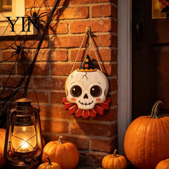 Outdoor Ghost Door Decorations Halloween Wooden Hanging Pendant with Lanyard, Retro Ghost/Pumpkin/Skull/Black Cat Black Wall Art for Front Porch Party