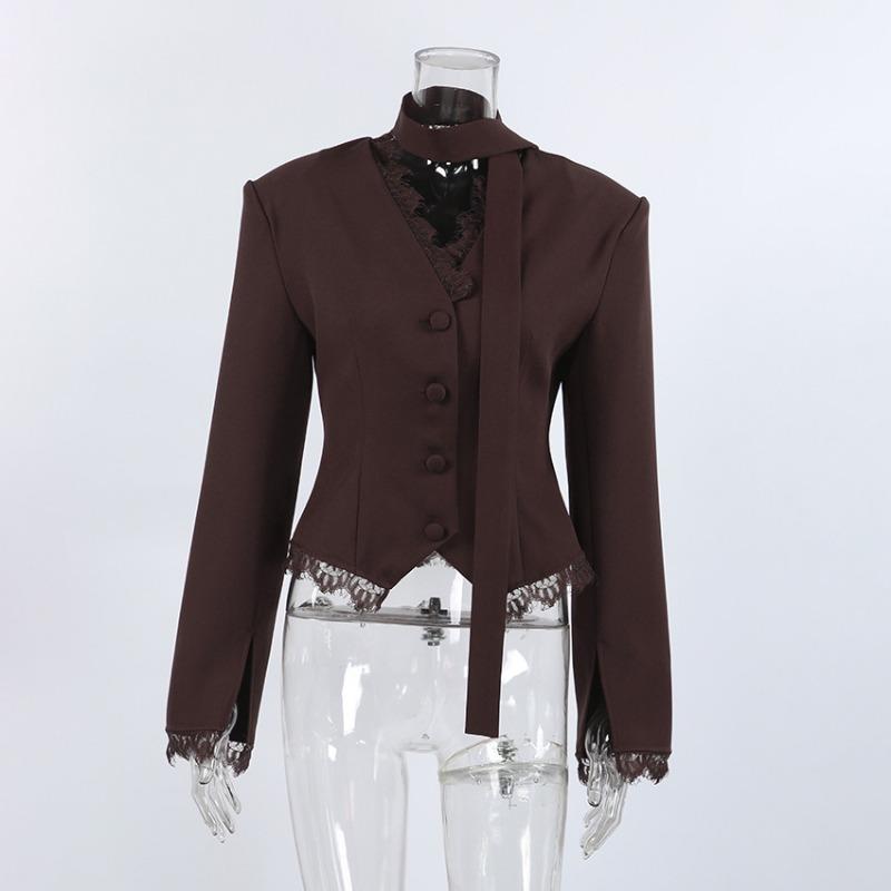 Elegant Lace V Neck Waist Cinched Slim Fit Women Blazer Outerwear