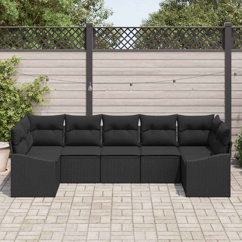 7 Piece Sofa Set with Cushions Black Poly Rattan