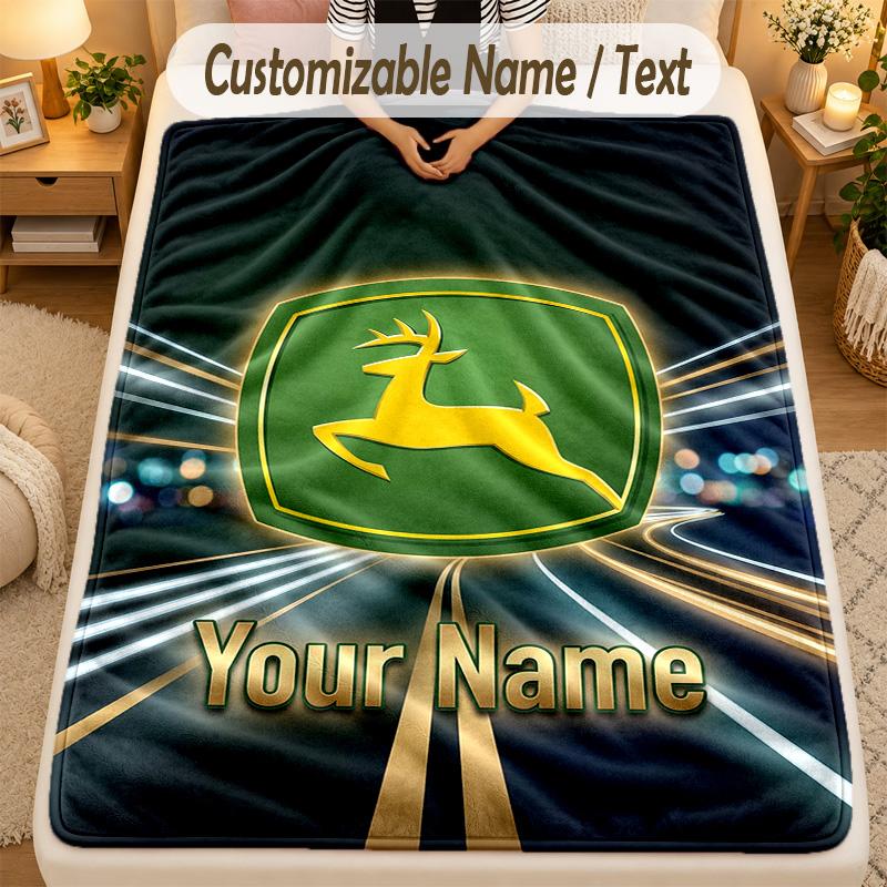 Flannel BlanketJohn Deere Custom Name Text Personalized Soft Warm Throw Blanket Home Decor Gift