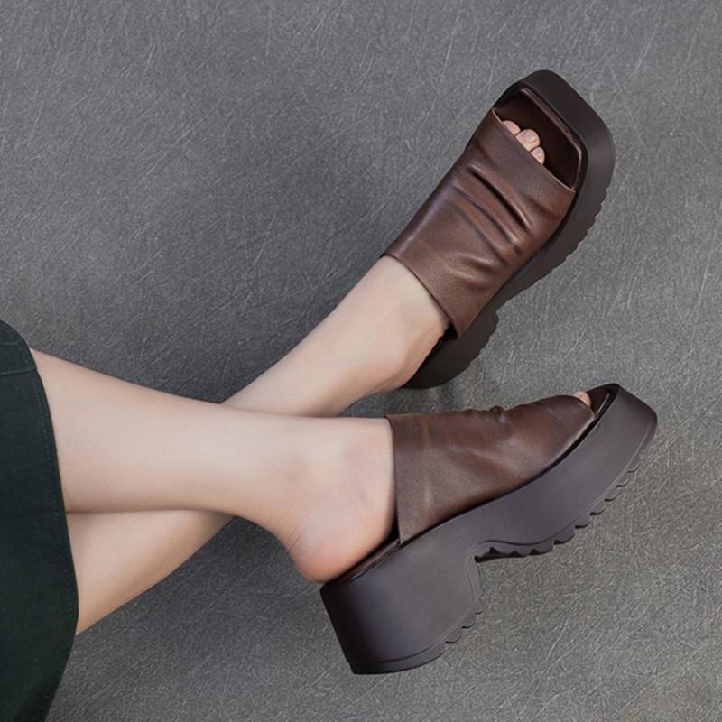 Johnature Retro Peep Toe Venkovní Platformové Pantofle Pravá Kůže Pohodlné Zvyšující Výšku Dámské Boty