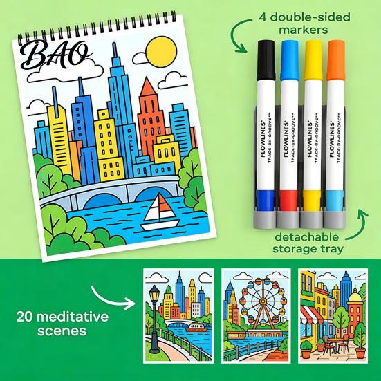 Spiral Bound Drawing Album Trace-By-Groove Guided Coloring Book, Clear Artistic Printing with 20 Decorative And Painting Set for Teens Scenes
