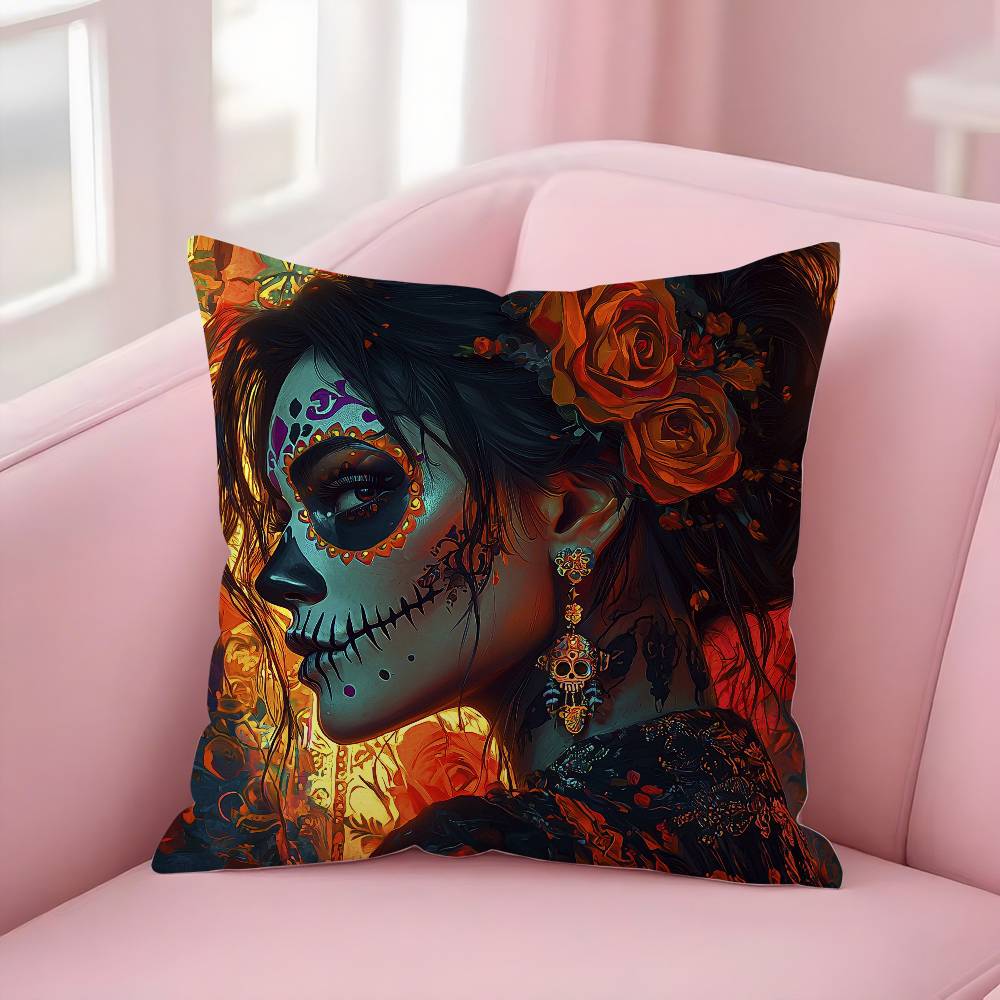 Poszewka na poduszkę Dziewczyna Cukrowa Czaszka Halloween Krótki plusz Dwustronny nadruk Kwadratowe poszewki na poduszki dekoracyjne Sofa Domowa Dekoracja poduszką