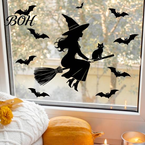 Spooky Party Window Decor Halloween Witch Black Cat Static Stickers, Waterproof PVC Silhouette Decals, Stickers Removable Wall Art for Home Glass Door