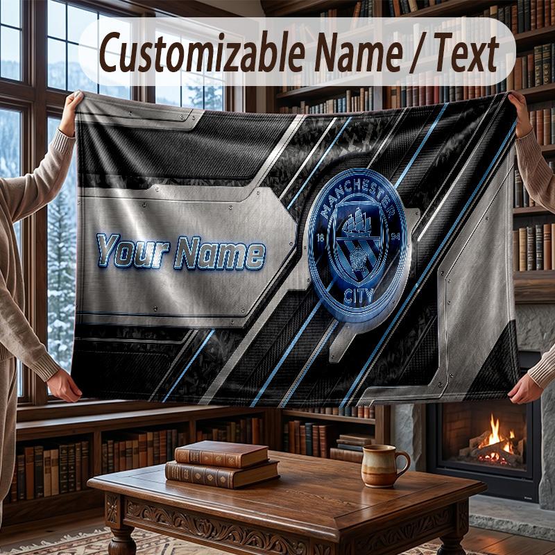 Custom Name Flannel Throw Blanket Manchester City Pattern Warm Home Decoration
