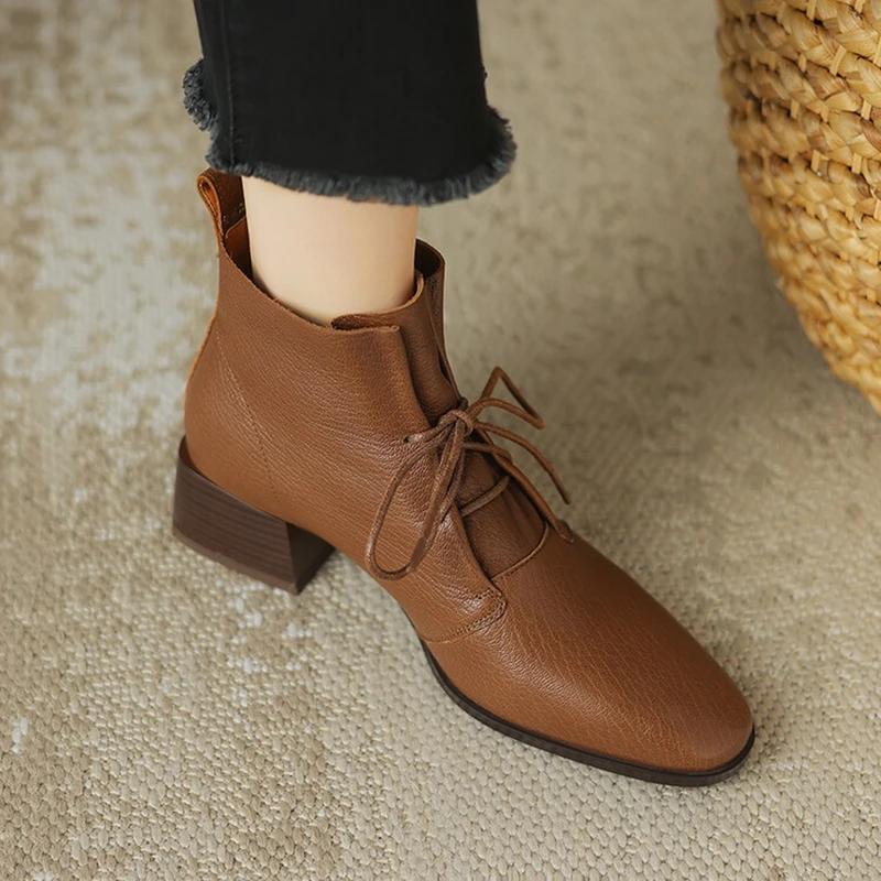Fashion NEW Autumn Women Boots Square Toe Chunky Heel Boots Genuine Leather Shoes for Women Lace-up Ankle Boots Elegent Winter Boots