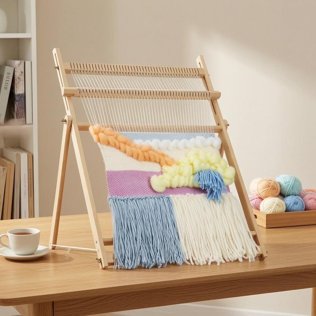 Freestanding Weaving Loom with Wooden Cane Large Beechwood Handloom