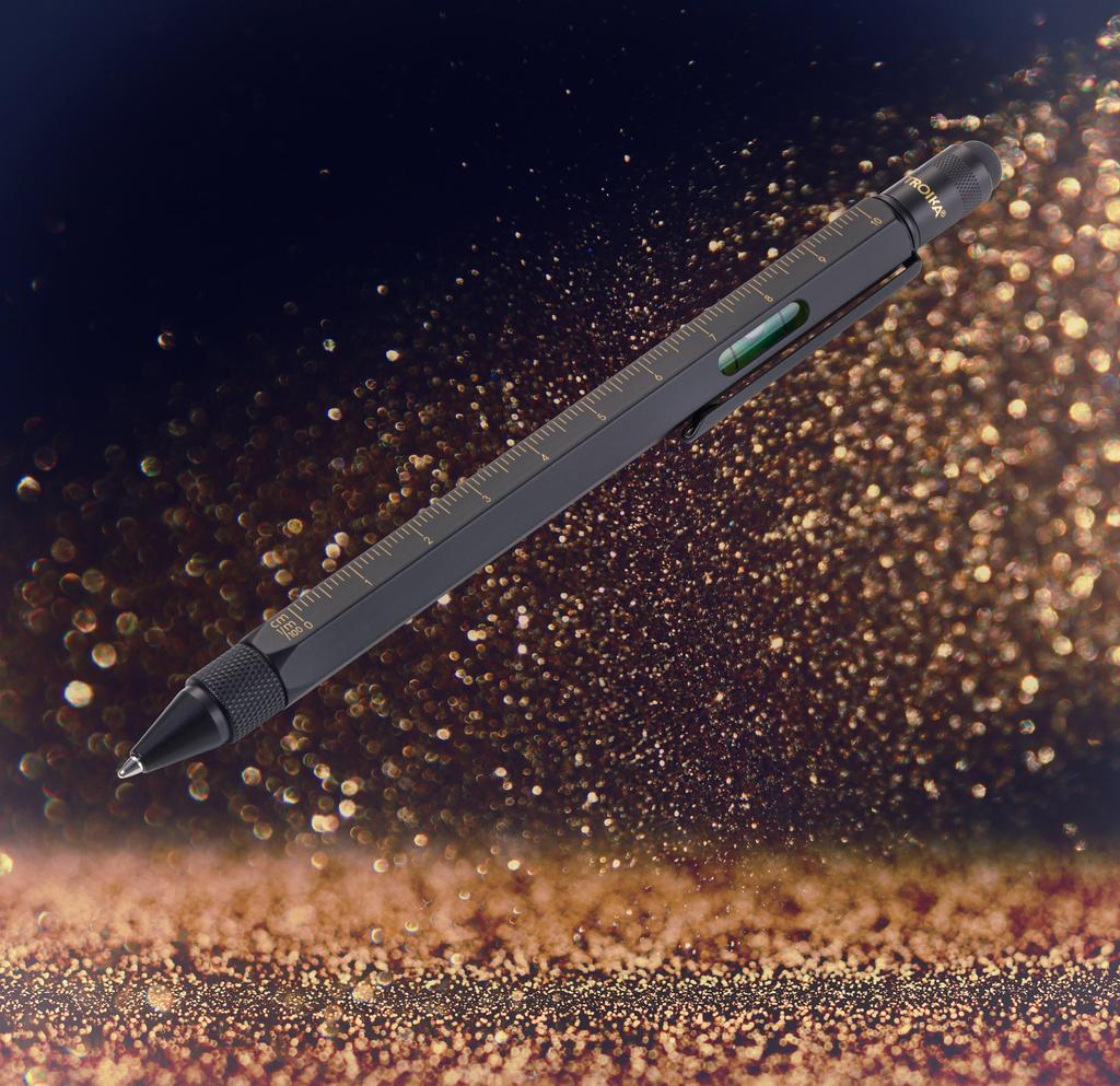 TROIKA Ballpoint Pen with Centimeter and Inch Black Gold Multi-Function Ruler, Level, Construction,