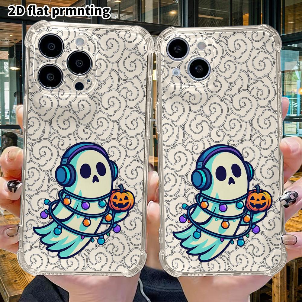 Phone Case: 2D Flat, Suitable for iPhone 18 17 16 15 14 13 Pro, Transparent Corner Protection Case, Ghost Pumpkin, Christmas and Halloween Gift