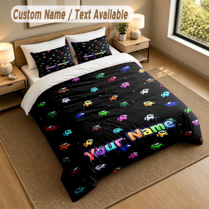 Custom Name Text Bedding 3Pcs Set,Among Us 1 Duvet Cover 2 Pillowcases Soft Bed Linen For Gift