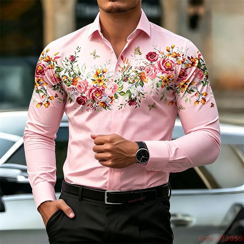 Men's Long-Sleeve Shirt, High-Definition Floral Print White Slim Fit Shirt, European Size Business Casual Men's Top