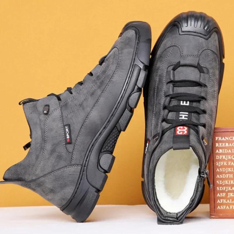 Fashion Genuine Leather Men's Boots Wool Snow Boots Outdoor Non-slip Hiking Shoes Sneakers for Men Winter Plush Warm Cotton Shoes Botas