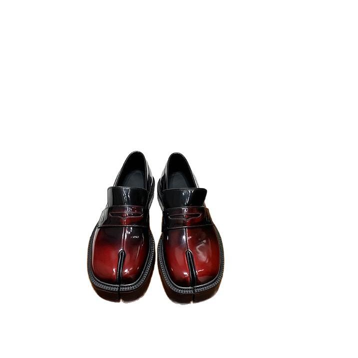 Top Version Mm6 Split-toed Shoes Women's Pig's Trotters Platform Loafers Genuine Leather Derby Lace-up Niche Trendy Shoes Bright Leather Small Leathe