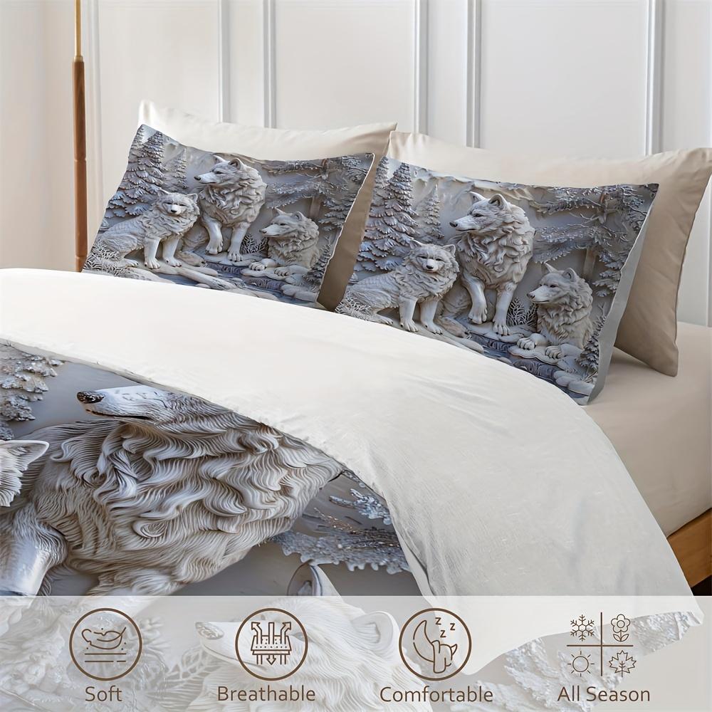 2/3Pcs Duvet Cover Set (1 Duvet Cover + 1/2 Pillowcase, Without Core), 3D Simple Forest White Wolf Animal Sculpture Print
