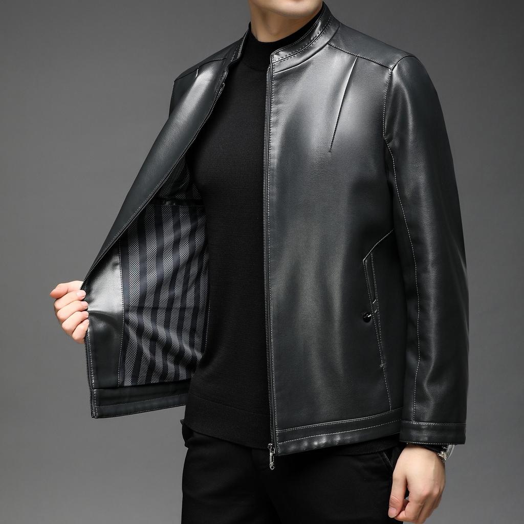 Men's Stand Collar Leather Jacket Autumn and Winter New Velvet Men's Leather Jacket PU Middle-aged Leather Jacket Men's Clothing