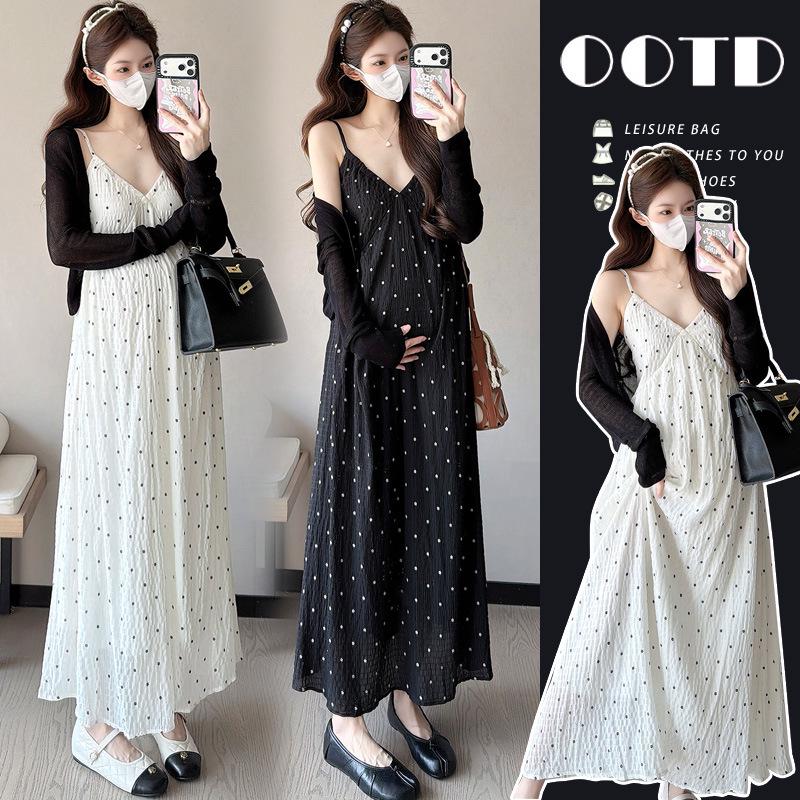 2026 Summer Maternity Two-Piece Set: Sun Protection Shirt + Polka Dot Loose Camisole Dress L