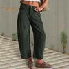 Women Corduroy Pants Elastic Waist Mid-rise Button Zipper Fly Wide Leg Casual Trousers with Pockets Solid Color Slacks