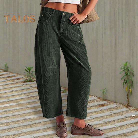 Women Corduroy Pants Elastic Waist Mid-rise Button Zipper Fly Wide Leg Casual Trousers with Pockets Solid Color Slacks