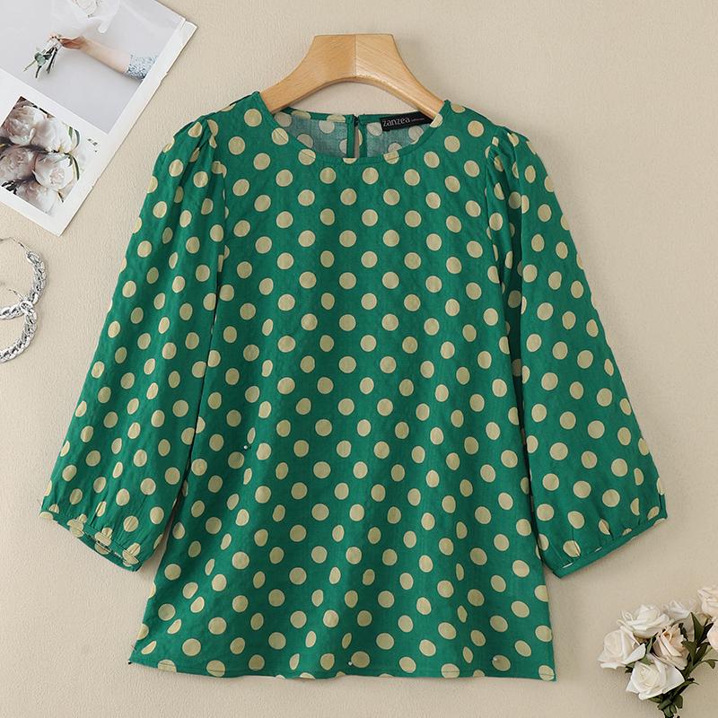 

ZANZEA Vintage O-Neck Three Quarter Sleeve Polka Dot Print Casual Blouses 2XL зелёный