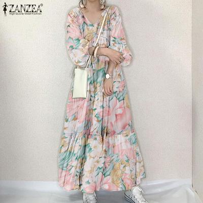 Vestido longo feminino casual com decote em V e estampa floral de manga comprida