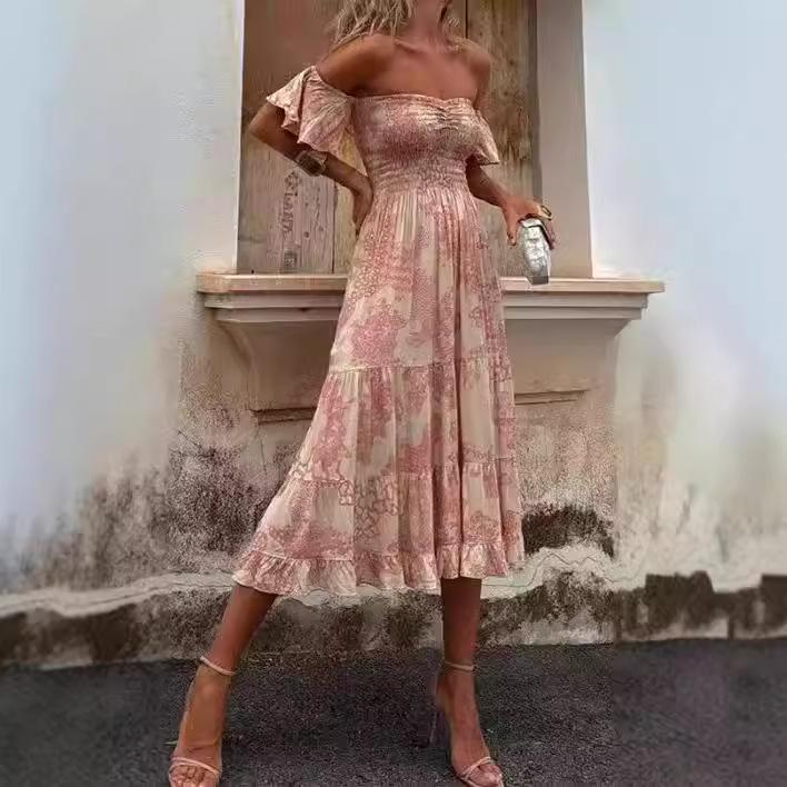 Printed Off-Shoulder Tube Top Dress with Lotus Leaf Sleeves