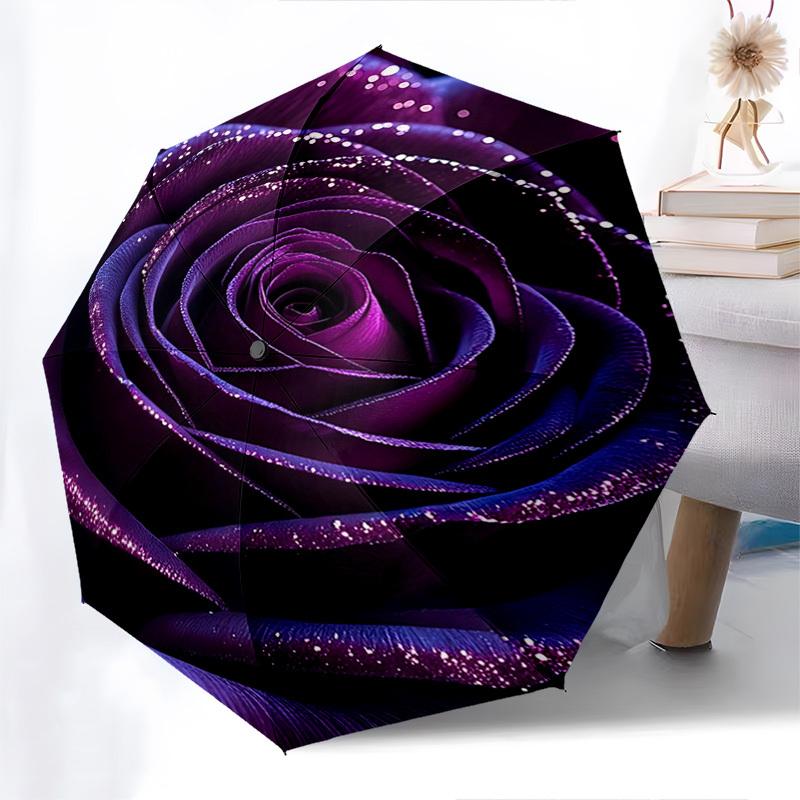 Purple Rose Sparkle Automatic Folding Umbrella Compact 8 rib Design, Unique Style, Suitable for Everyday Outdoor Use, Perfect Gift for Frien