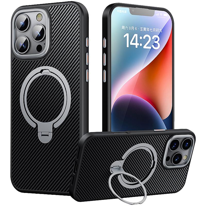 

For iPhone 16 Pro Case Magnetic Kickstand PC+TPU Phone Cover Carbon Fiber Texture Black/Silver