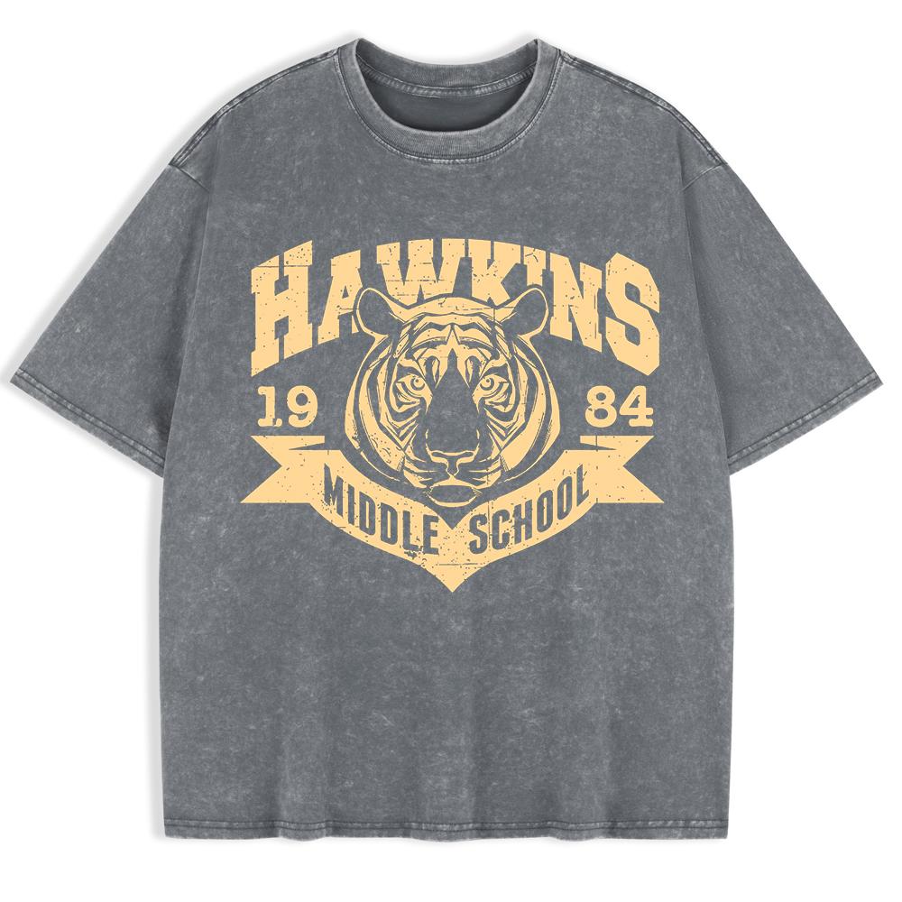 Hawkins Middle School 1984 Prints Washed T-Shirt Mens Cotton Short Sleeve Tops Street O-Neck Oversize T Shirt Clothes