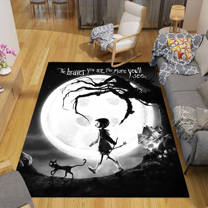 Coraline Jones Poster Flannel Printed Carpet, Home Sofa Decoration for Living Room & Bedroom, Non‑Slip Play Flannel Floor Mat for Game Room