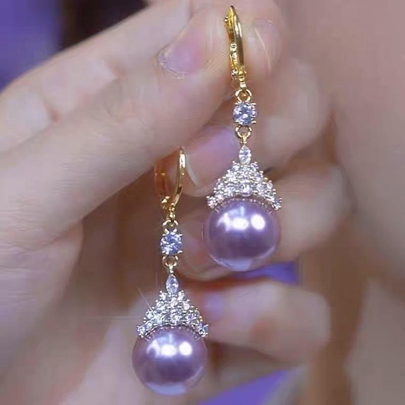 New Light Luxury High-end Queen Purple Pearl Ear Buckle Slightly Inlaid Exquisite Versatile Luxury Wedding Earrings Women