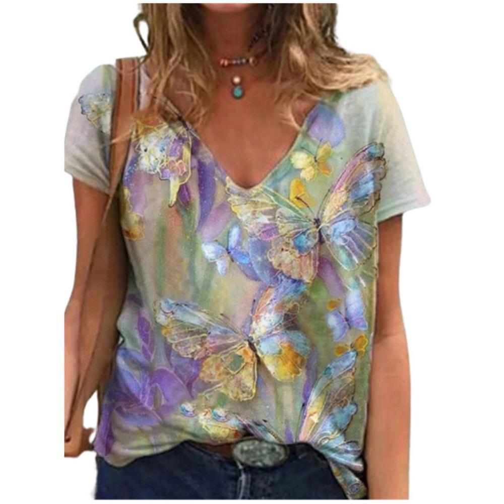 Women's Summer T-shirt Fashion 3d Plant Print Streetwear Women's Casual V-neck Short-sleeved Loose Top T-shirt 2025