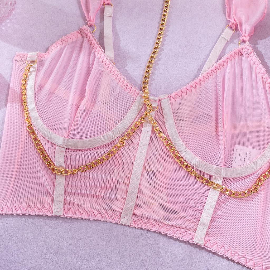 Women Sexy Sheer Mesh Lingerie Dress Set With Chain Halter Neck And Gloves 4 Piece Lingerie Set