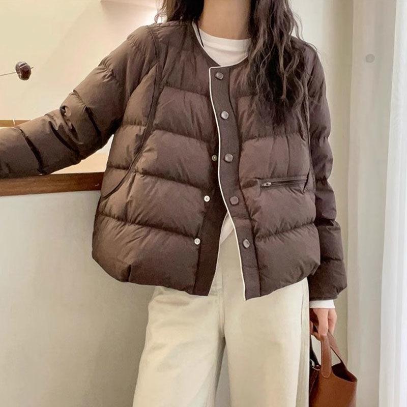 

Women s High-End Black Down Jacket: Loose, Slimming, Round Neck Winter Coat L (for 90-110 jin) кавовий